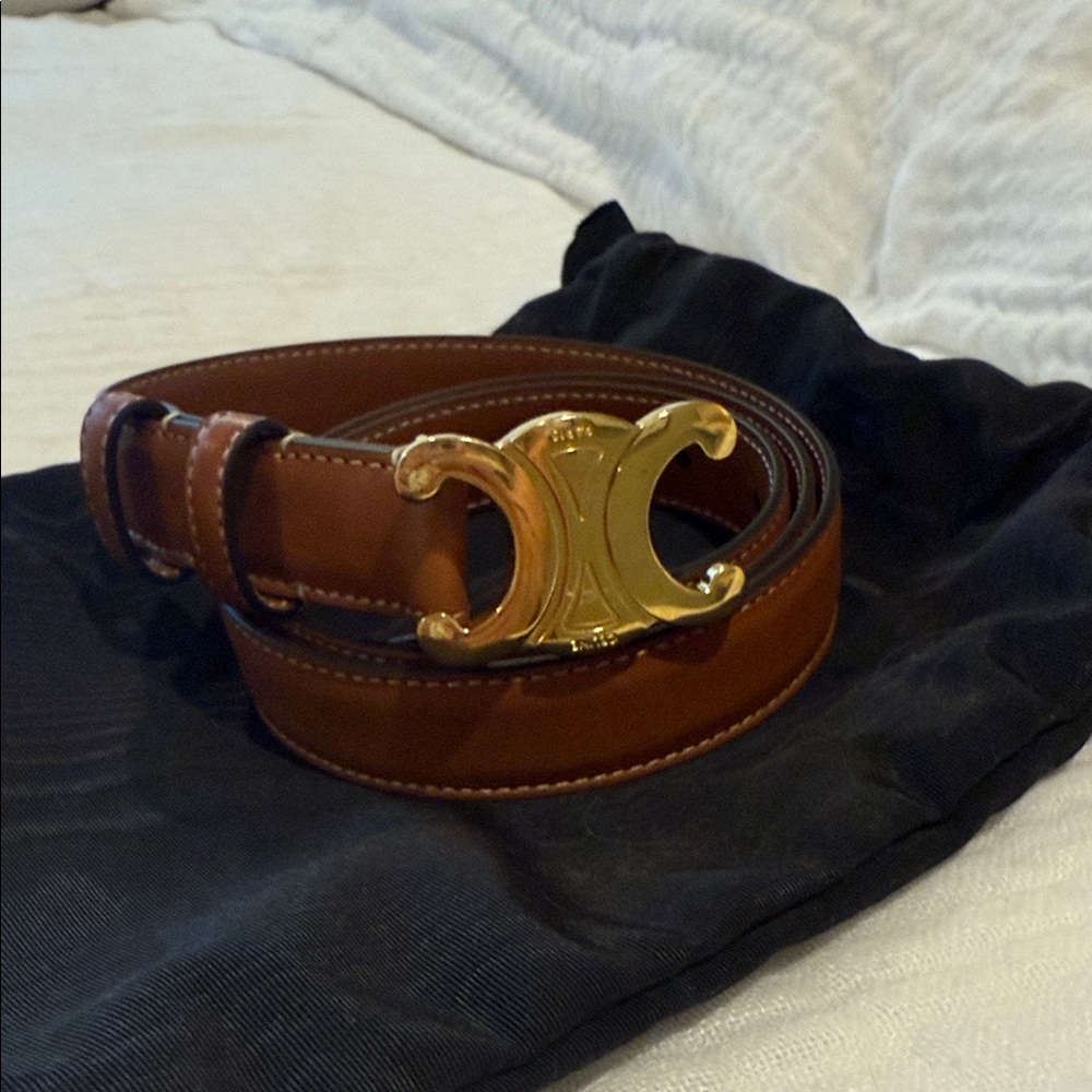 Celine “Natural” Tan Leather Belt with Gold Buckle